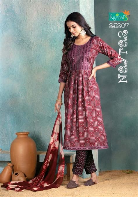 Kushals Nayra 2 Embroidery With Print Naira Cut Kurti Bottom With Dupatta