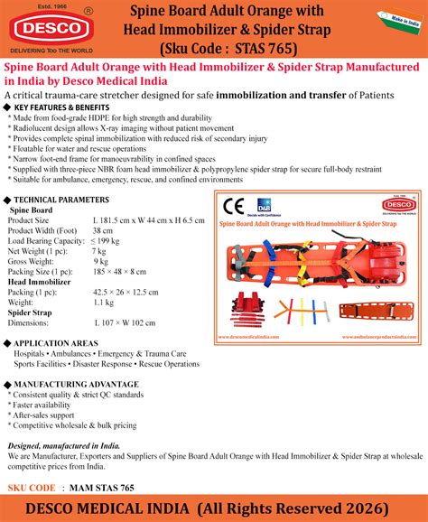 Adult Spine Board with Head Immobilizer & Spider Strap | Emergency ...