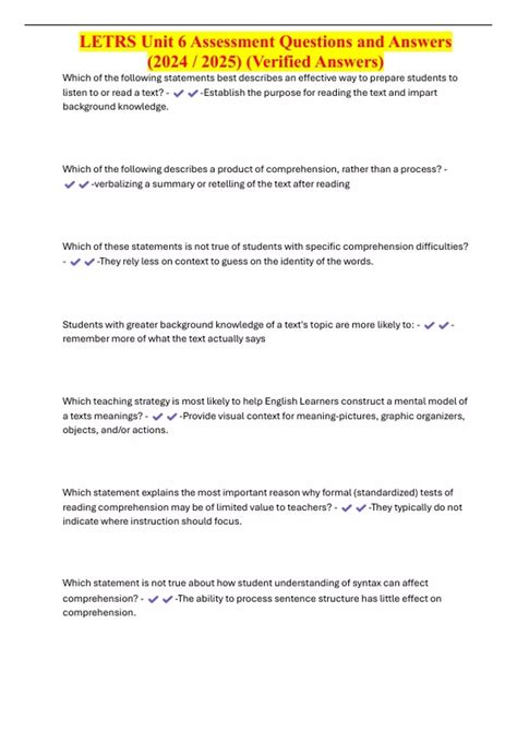 LETRS Unit 6 Assessment Questions and Answers (2024 / 2025) (Verified ...