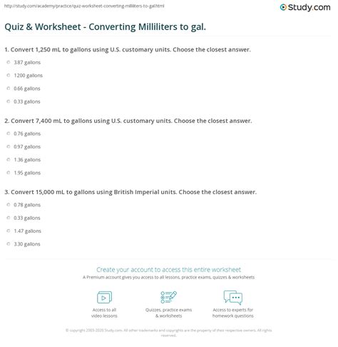 Quiz & Worksheet - Converting Milliliters to gal. | Study.com