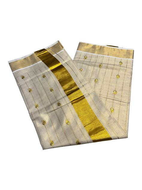 Kerala Tissue Kasavu Saree with Golden Embroidery Works – Southloom.com ...