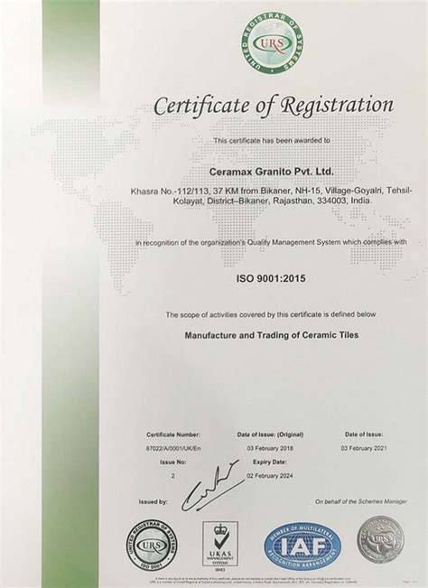 Certifications- Ceramax Granito Limited