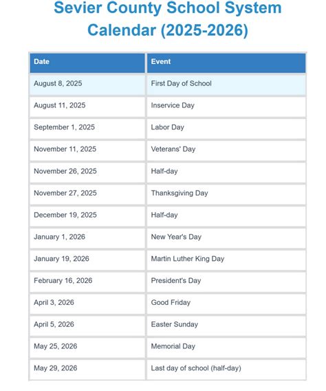 Sevier County School Calendar 2025-2026 - My School District Calendar