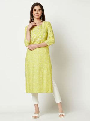 Buy Imara Lime Green Lippan Print Straight Kurta Online