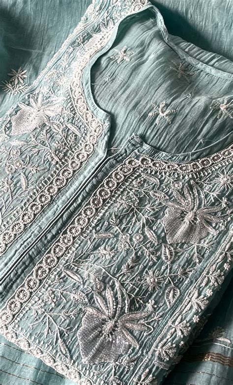 Women's Lakhnavi Handcrafted Mul Chanderi Semi - stitched Chikankari F