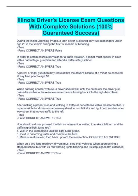Illinois Driver's License Exam Questions With Complete Solutions (100% ...
