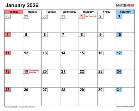 January 2026 Calendar | Templates for PDF, Excel and Word