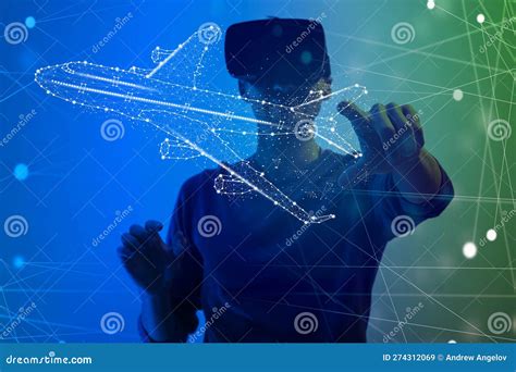 Jet Engine Augmented Reality Hologramm. Specialists Work in Technological Plane Development ...