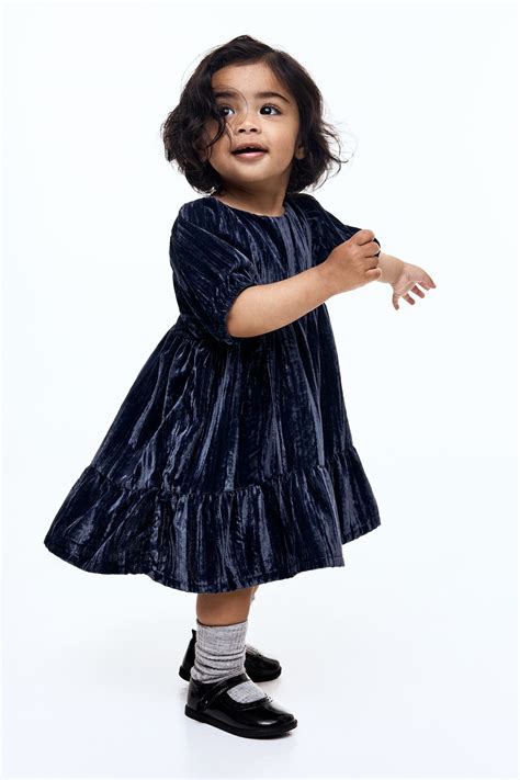 Crushed-velvet dress - Navy blue - Kids | H&M IN