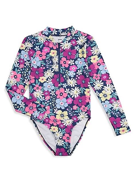 Girl's One-Piece Long-Sleeve Zip-Front Rashguard Swimsuit