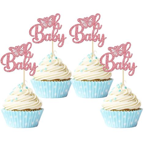 Buy Gyufise 24Pcs Pink Glitter Oh Baby Butterfly Cupcake Toppers Gender ...
