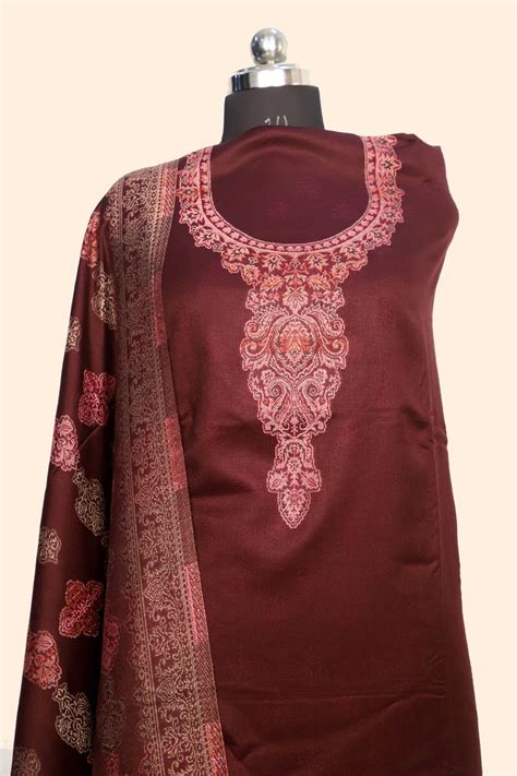 Brown color woolen kashmiri kani work unstitched suit fabric