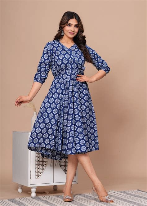Handcrafted Blue Block Print Women's Dresses for Unique Style