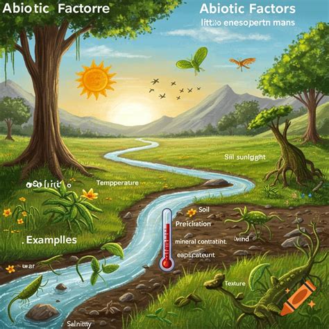 Ecosystem with abiotic factors illustrated on Craiyon