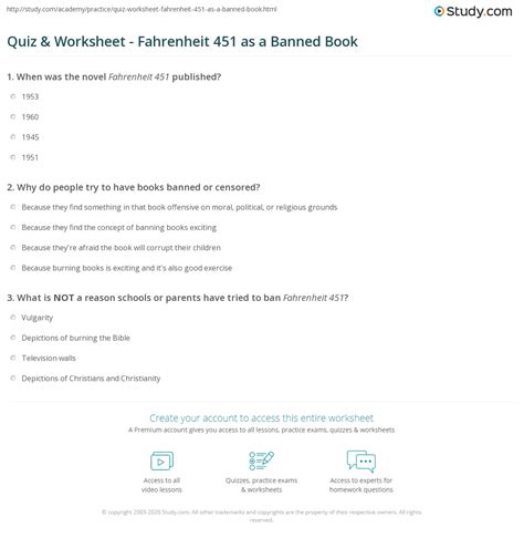 Quiz & Worksheet - Fahrenheit 451 as a Banned Book | Study.com