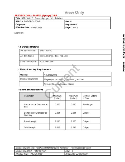 PMS-SPE-1001-TL Specification for Barrel Syringe 1Cc Tab-Less - Studocu