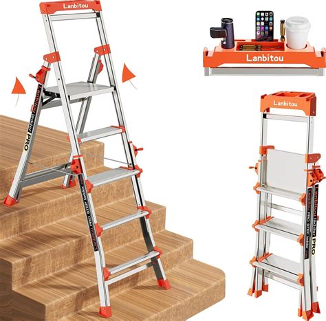 GLETED Aluminum 5 Step Ladder With Handrails, Anti-Slip Wide Pedal ...