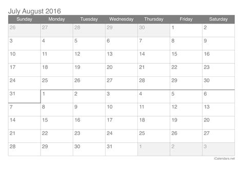 July and August 2016 Printable Calendar - icalendars.net