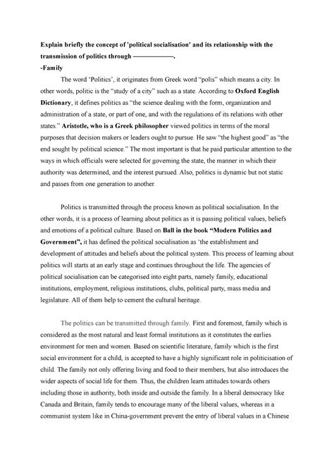 PGP CHP1 - Explain briefly the concept of 'political socialisation' and ...