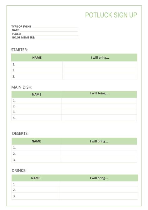 Free Printable Potluck Signup Sheet Templates [PDF, Word, Excel]