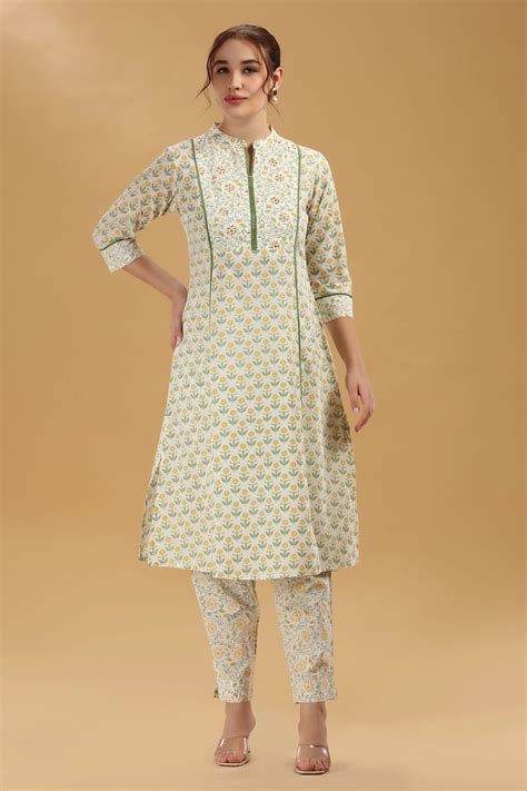 Cream & Green Jaipuri Cotton Printed A Line Kurta Pant Co ord Set ...