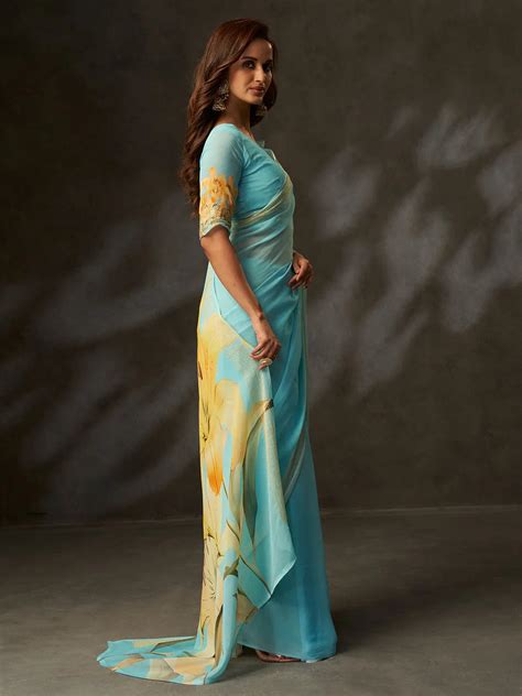 Designer Sky Blue Georgette Saree - Digital Print & Croset... – TREND BUY