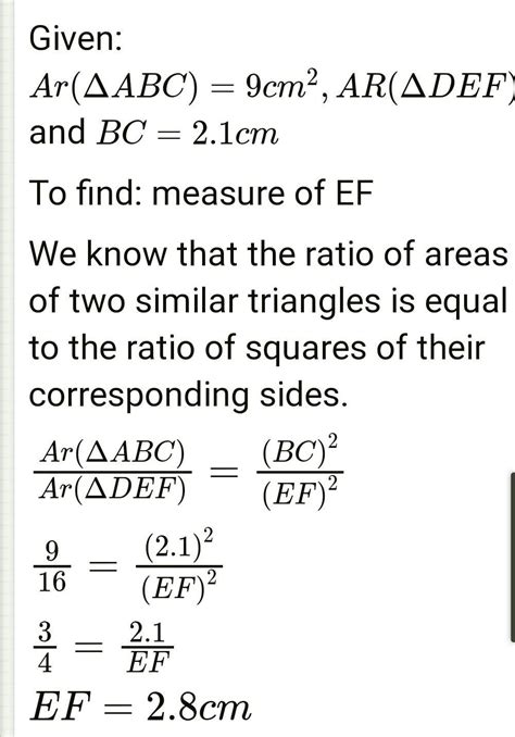 triangle ABC is similar to triangle DEF,ar(ABC)=9cm square ,ar(DEF ...