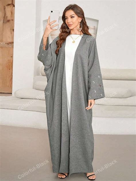 Fashionable Elegant Open Front Embroidered Moon Grey Modest Long Sleeve ...