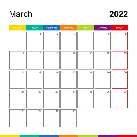 March 2022 colorful wall calendar, week starts on Monday. 8804507 ...