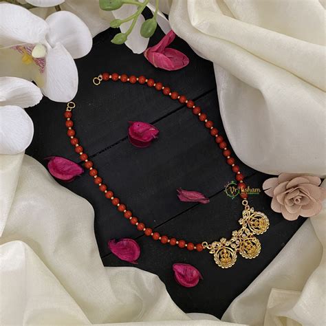 Vriksham Gold Look Alike AD stone Lakshmi Pendant Coral Bead Mala-G170 ...