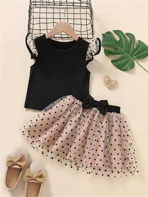 SHEIN Young Girl Ruffle Trim Tee & Polka Dot Bow Front Skirt | SHEIN USA