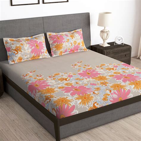 Arena 160 TC Beige & Pink Double / Single Size Bedsheet With Pillow Co ...