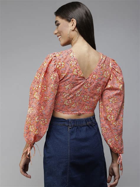 PANIT Peach-Coloured Yellow Floral Print Sweetheart Neck Pure Cotton B ...