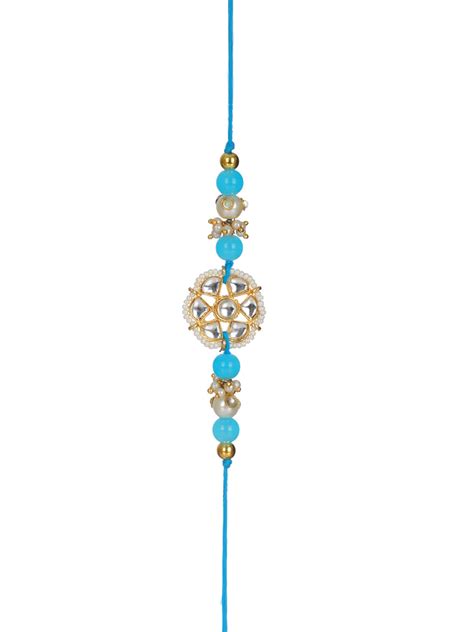 Priyaasi Blue Floral Kundan Rakhi with Roli & Chawal