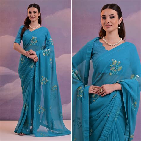 Blue Floral Sequins Embroidered Georgette Saree