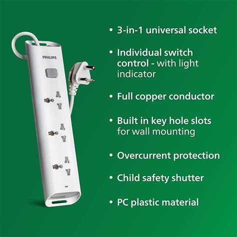 Philips CHP2432W Power Strips with 3 Universal Socket, One Main Switch ...