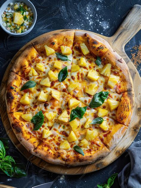 Premium Photo | A pizza with pineapple toppings sits on a wooden board
