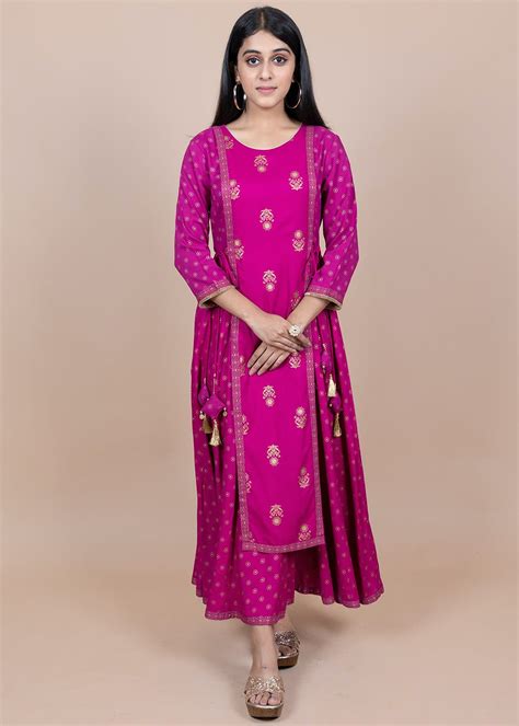 Get Pink Gold Printed Flared Dress With Front Open Panel With Side Tie ...