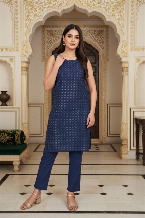Buy Navy Blue Floral Embroidered Flared Cotton Kurta with Palazzo and ...
