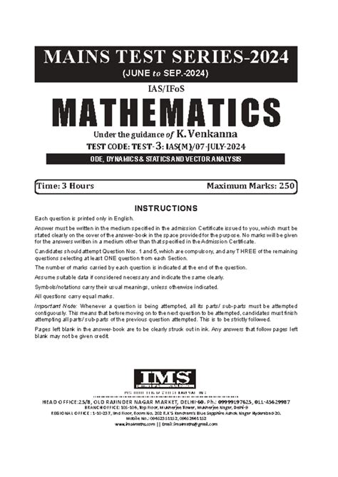 MAINS TEST (JUNE) - MATHEMATICS Practice Problems & Solutions - Studocu