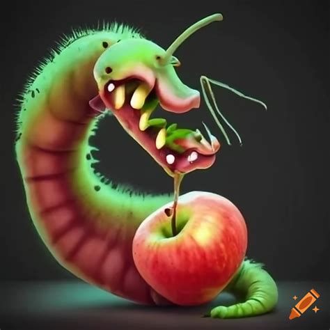 Illustration of a monstrous worm eating apples