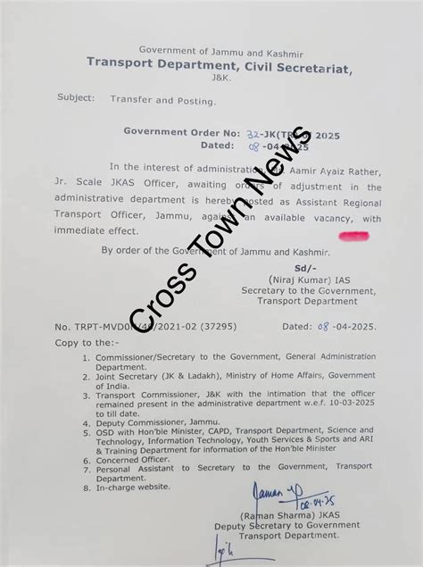 J&K Govt orders posting of JKAS Officer