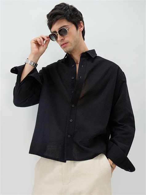 Jet Black Sheer Weave Boxy Fit Crop Shirt – Vastrado