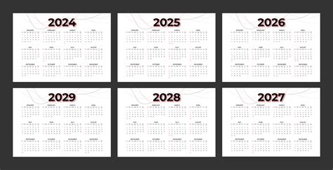 Set of annual calendar template for 2024, 2025, 2026, 2027, 2028 and ...