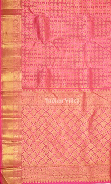 Rani Pink with Golden Check Buti Brocade Pure Kanjivaram Silk Saree ...