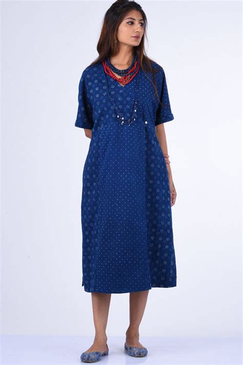 Dharan Jama Indigo Block Printed Dress For Women Online – Okhaistore