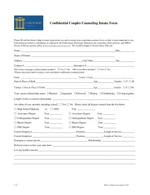 Fillable Online Confidential Couples Counseling Intake Form - Pillars ...