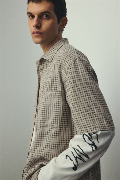 Oversized Fit Short-sleeved linen-blend shirt - Beige/Checked - Men | H ...