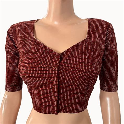 Ajrakh Cotton Sweetheart neck Blouse, Maroon, BA1149 – Scarlet Thread