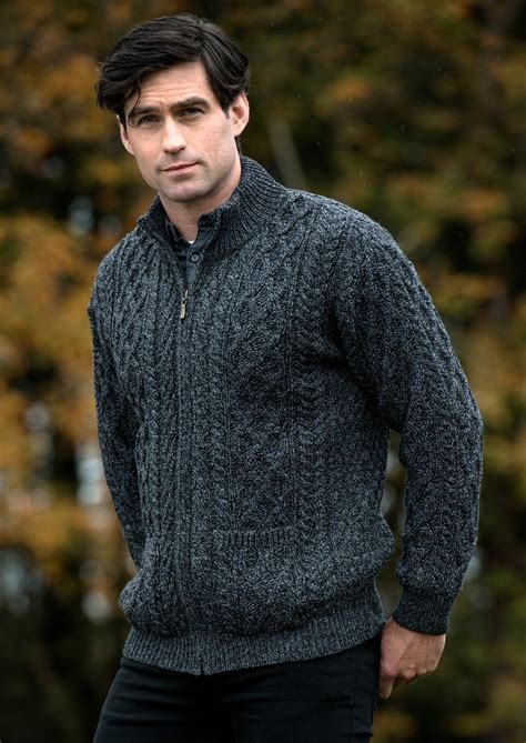 Men's Aran Dingle Zipper Sweater Charcoal | 100% Merino Wool | Aran Crafts